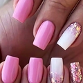 Close-up of square long press-on nails featuring soft pink gradient and glitter accents - Cdj-2-68