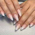 Detail of glossy long stiletto press-on nails with natural pink and white gradient - Cdj-20-48