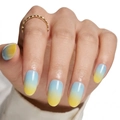 Detail of glossy long oval press-on nails with blue and yellow ombré gradient design - Cdmj-22-10