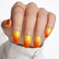 Detailed view of long almond press-on nails with bright yellow to orange sunset gradient - Cdmj-22-6