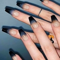 Detailed macro view of long coffin shape press-on nails with black ombre glossy finish - Cdj-7-499