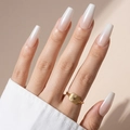 Detailed view of long coffin-shaped ombre press-on nails in nude pink and white - Cdj-3-502
