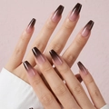 Detail of long coffin press-on nails with pink to dark brown ombre gradient finish - Cdj-7-8