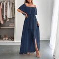 Elegante abito lungo blu scuro a spalle scoperte con pois e dettaglio spacco laterale - S / Blu navy