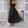 Elegant black high-waisted spaghetti strap tiered maxi dress with ruched bodice for vacation - S / Black