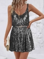 Mini abito di paillettes nero e argento con scollo a V e spalline sottili lucide - S24l0481-002 - Sfondo In Bianco E Nero / S