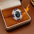 Bague vintage ajustable avec pierre bleue ovale et grappe de zircons blancs - Argent-Bleu