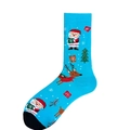 Blue Christmas crew cotton socks featuring Santa Claus and reindeer cartoon patterns - 3758c / 38-46