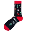 Black festive Christmas crew socks featuring 'Feliz Navidad' text and holiday patterns - 3755c / 38-46