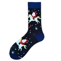 Festive Christmas crew socks featuring Santa Claus riding a unicorn on navy blue knit - 3753c / 38-46