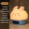 Cute rabbit digital alarm clock night light with charging adapter for kids bedroom - Shy Rabbit (Blue) + Charger