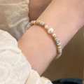 Freshwater pearl and natural stone beaded bracelet with baroque pearl center for women - Shoushan Stone Bracelet