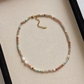 Multicolor natural gemstone and freshwater pearl beaded necklace with gold lobster clasp - Zirconia Shoushan Stone Necklace