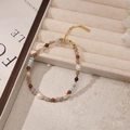 Handmade freshwater pearl and colorful natural stone beaded bracelet with golden clasp - Zirconia Shoushan Stone Bracelet