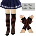 Children's knitted set with black and brown striped long socks and fingerless gloves - Coffee & Black Stripes