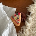 Detail of cute handmade wool felt pizza hair tie on a cozy wooden tabletop - Khaki Pizza Style (J5.4)