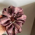 Detail shot of vintage plaid scrunchie in purple and beige fabric with Hand Made label - Mauve Plaid Scrunchie