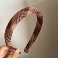 Close-up of retro brown plaid headband featuring premium textured fabric and neat edges - Brown Plaid Headband