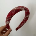 Detail of red and white plaid thick sponge headband with vintage tweed texture detail - Red and White Plaid
