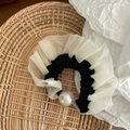 Detail of elegant mesh polka dot scrunchie with large faux pearl accent for hair - White Solid Style With Artificial Pearl