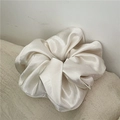 Close-up of a creamy beige silk satin scrunchie with soft sheen and side label - White