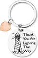 Macro detail van roestvrijstalen sleutelhanger met vuurtoren gravure en roze glitterhart - Thank You for Lighting The Way