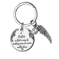 Porte-clés sœur en acier inoxydable argenté avec breloque plume et perle - Style Police Cursive / 30MM