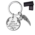 Porte-clés sœur en acier inoxydable argenté avec perle, aile et boîte cadeau - Style Police Cursive Boîte