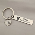 Silver Virgo zodiac keychain with engraved heart charm and rectangular stainless steel tag - Virgo