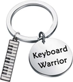Detail view of keyboard charm and round metal tag engraved with Keyboard Warrior text - Piano Keyboard Keychain (30x30)