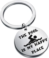 Macro shot of silver stainless steel keychain with The Pool is My Happy Place engraving - The Pool is My Happy Place