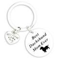 Silver stainless steel Dachshund Mom keychain with Best Friend heart charm gift - Dachshund Mom