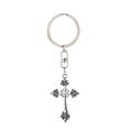 Close-up of vintage silver alloy Celtic cross keychain with intricate floral engravings - Flower Pattern Cross