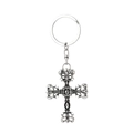 Detailed close-up of retro silver gothic cross keychain with intricate floral embossing - Flame Cross Design