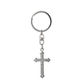 Close-up of silver-tone cross keychain featuring sparkling clear rhinestones on white - Silver Rhinestone Cross