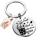 Porte-clés boba tea rose avec plaque gravée Just a Girl Who Loves BOBA en inox - Style Just A Girl Who Loves Boba
