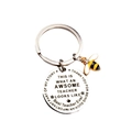 Polished stainless steel teacher gift keychain with engraved metal tag and bee charm - Awesome Teacher Quote