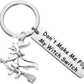 Silberner Edelstahl-Hexen-Schlüsselanhänger mit Besen-Anhänger und Gravur-Tag - Hexenstil (巫婆12x5) / Silber