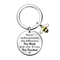 Polished stainless steel bee keychain with crystal and inspirational quote pendant - Never Underestimate Quote