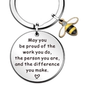 Stainless steel bee keychain with round engraved charm for teacher appreciation gift - Hollow Heart Quote