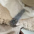 Detailed view of grey plush hair clip with square rhinestone accents on soft knit fabric - Light Gray Triangle (B4.1)