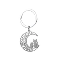 Close-up of moon and cats silhouette charm on silver stainless steel keychain - Silver (Cartoon Moon Cat)