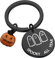 Detalle de llavero Spooky All Year de acero con dijes de calabaza naranja y fantasmas - 25mm / Negro
