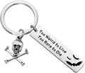 Detail of bat silhouette and 'Too Weird to Live' engraving on steel keychain - Skull Bat (1.2x5)