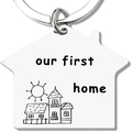 Polished stainless steel house shaped keychain engraved with our first home for new owners - Our First Home