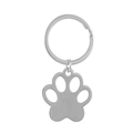 Close-up of polished stainless steel paw print keychain with engravable round ring - Silver Paw Print