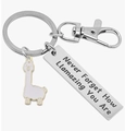 Dettaglio del portachiavi alpaca con testo motivazionale inciso e ciondolo smaltato - Stile Alpaca (5093887181772)