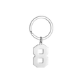 Close-up of polished silver metal number 8 pendant on a minimalist stainless steel keychain - Number 8