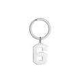 Detailed close-up of a silver stainless steel number 6 keychain with a mirror-polished finish - Number 6
