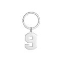 Polished silver stainless steel keychain featuring a numeric 9 shaped pendant - Number 9